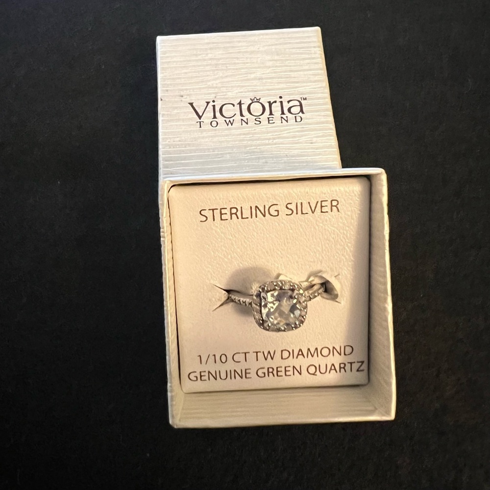 Sterling Silver 1/10 TW Diamond, Genuine Green Quartz Solitaire Ring
